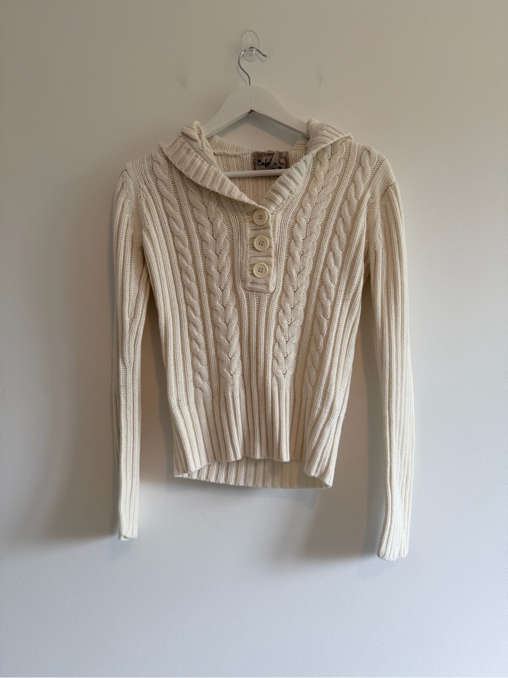 Y2K Cream Cable-Knit Hooded Sweater with Button Placket